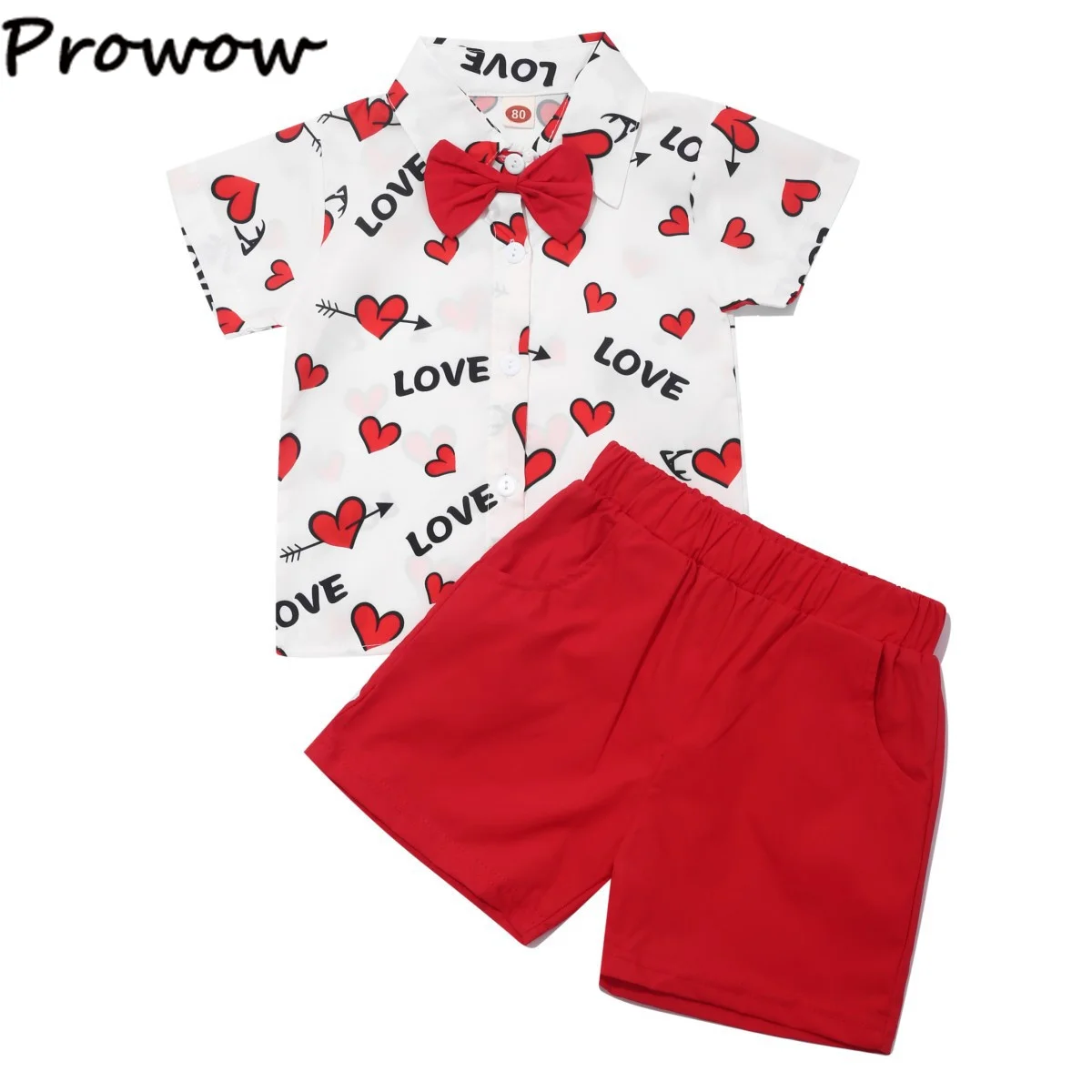 Prowow Boys Valentines Outfits For Kids Baby Short Sleeve Heart Print Necktie Shirts+Red Shorts Toddler Valenties Day Clothes