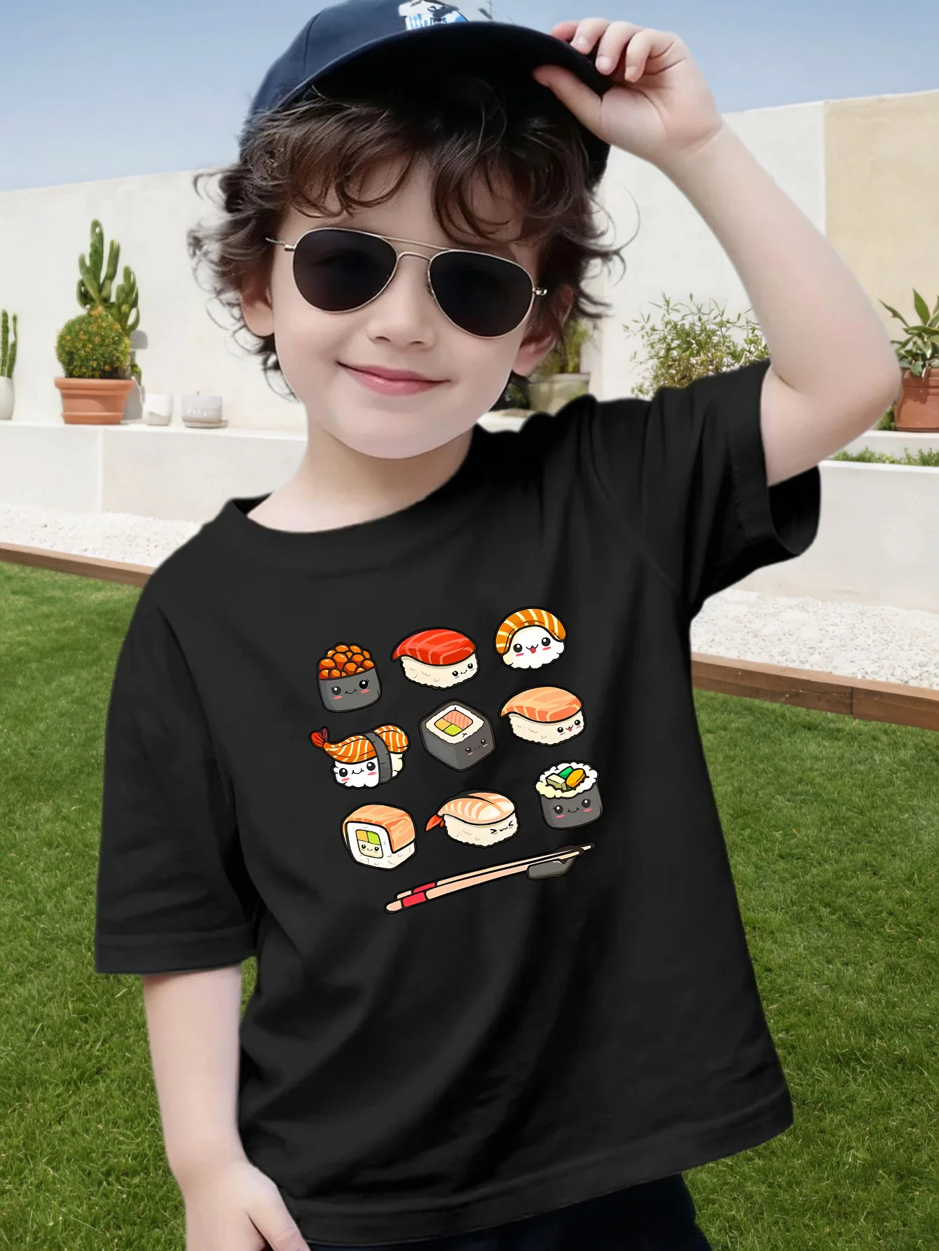 Lovely Kawaii Sushi Cartoon Print Boys Girls Family Matching Cotton Short Sleeve Summer Crew Neck Soft Kids Daily Casual Tees