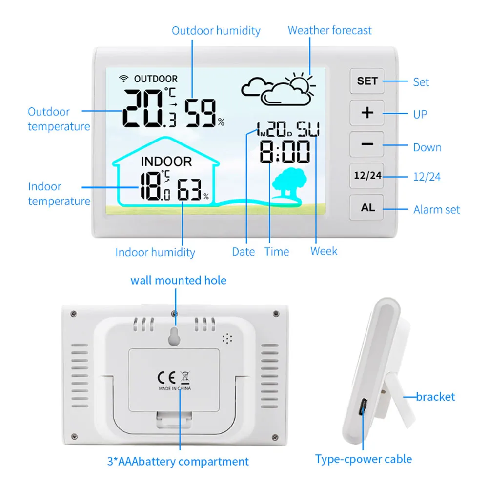 Wireless Weather Station Thermometer Hygrometer with 330ft Range Remote Sensor Weather Forecast Time Calendar Alarm ℃/℉ Switch