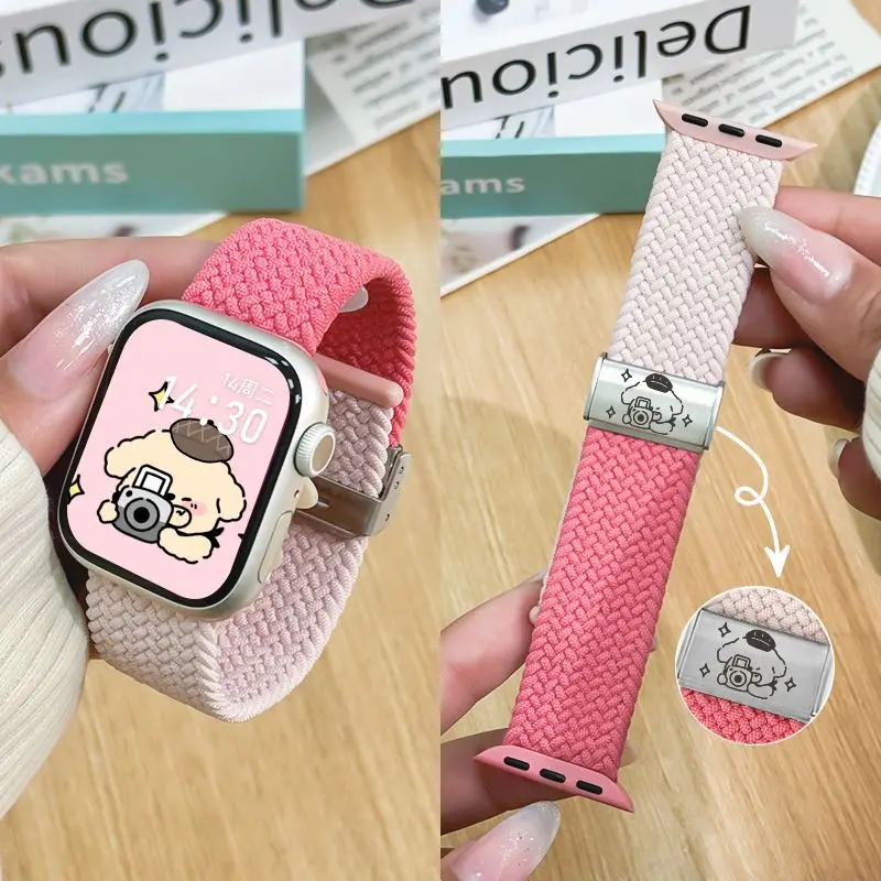 Cute PompomPurin Braided Strap For iWatch Band 45mm 49mm 44mm 42mm 41mm 40mm Nylon Bracelet iWatch series 9 7 SE 6 8 5 Ultra 4 3