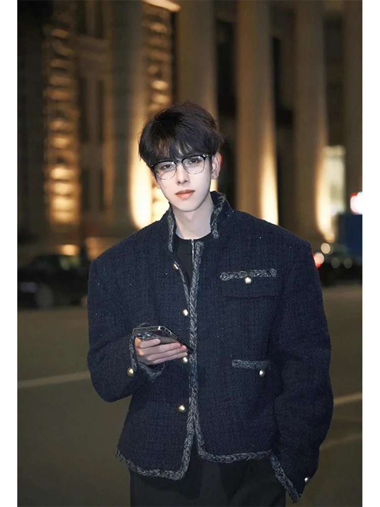 

iny Silk Tead oulder Pad Jaet Men's Autumn High-End Feel M Model Jaet Haome k Blue Top Cleanfit Sle