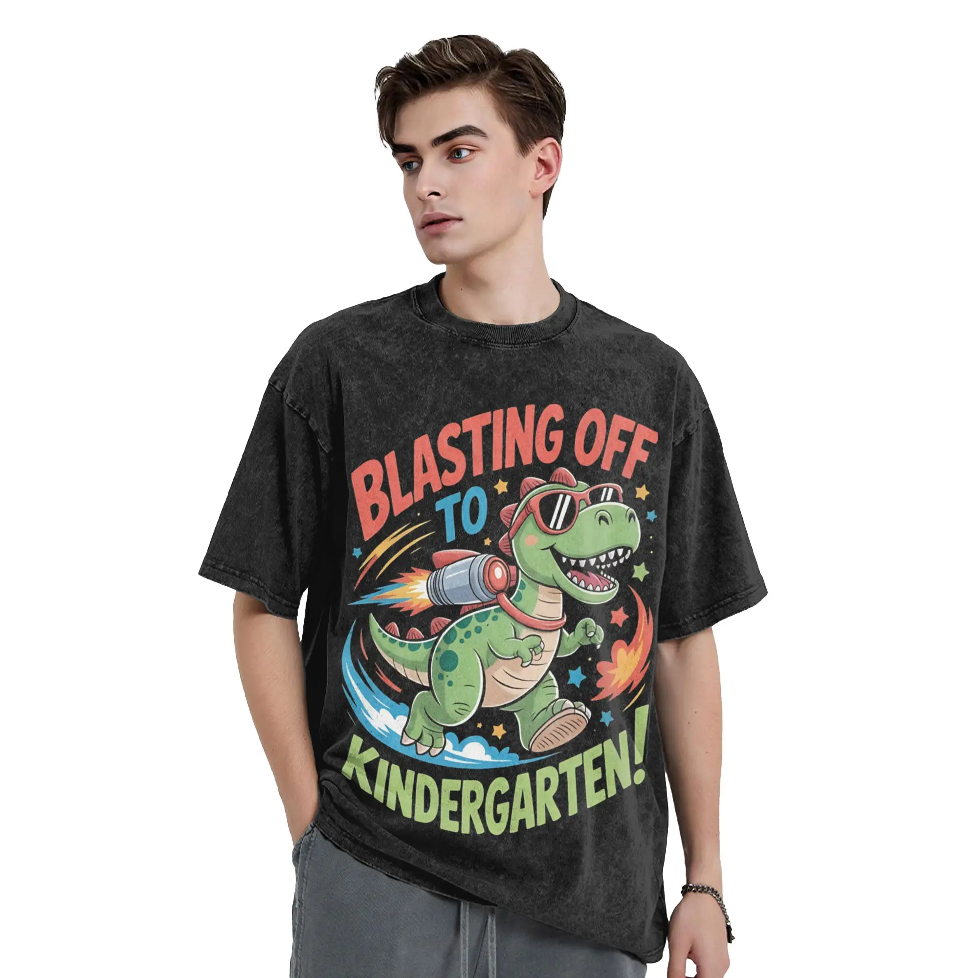 Novelty Cute Dino Blasting Off Jetpack  Vintage Washed T Shirt Men Cotton Short Sleeve Dinosaur  Meme Round Neck Summer Clothing