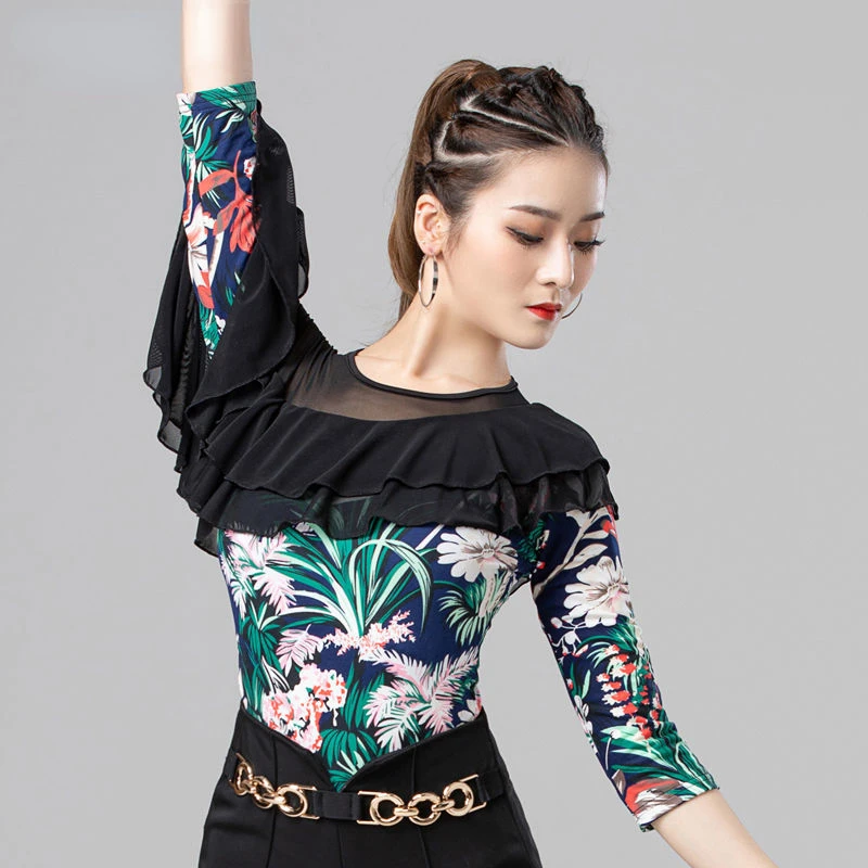 Latin Dance Top Women\'s New Ballroom Dance Practice Clothes Modern Dance Waltz Long Sleeve Ruffle Jumpsuit