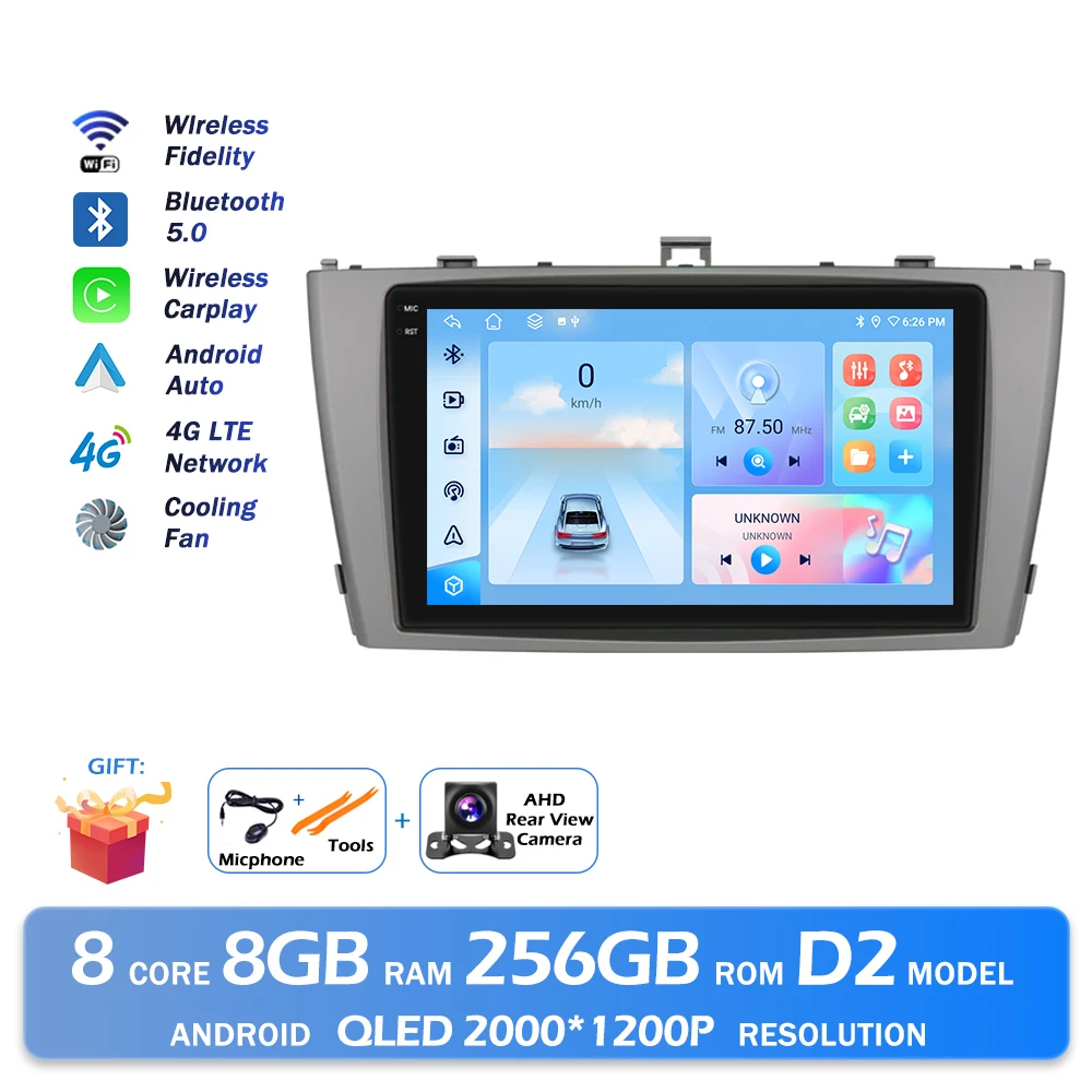 Android 16 QLED 2000*1200 P Voor Toyota Avensis T27 2008-2015 GPS Navigatie Multimedia Speler Auto draadloze CarPlay WIFI 4G