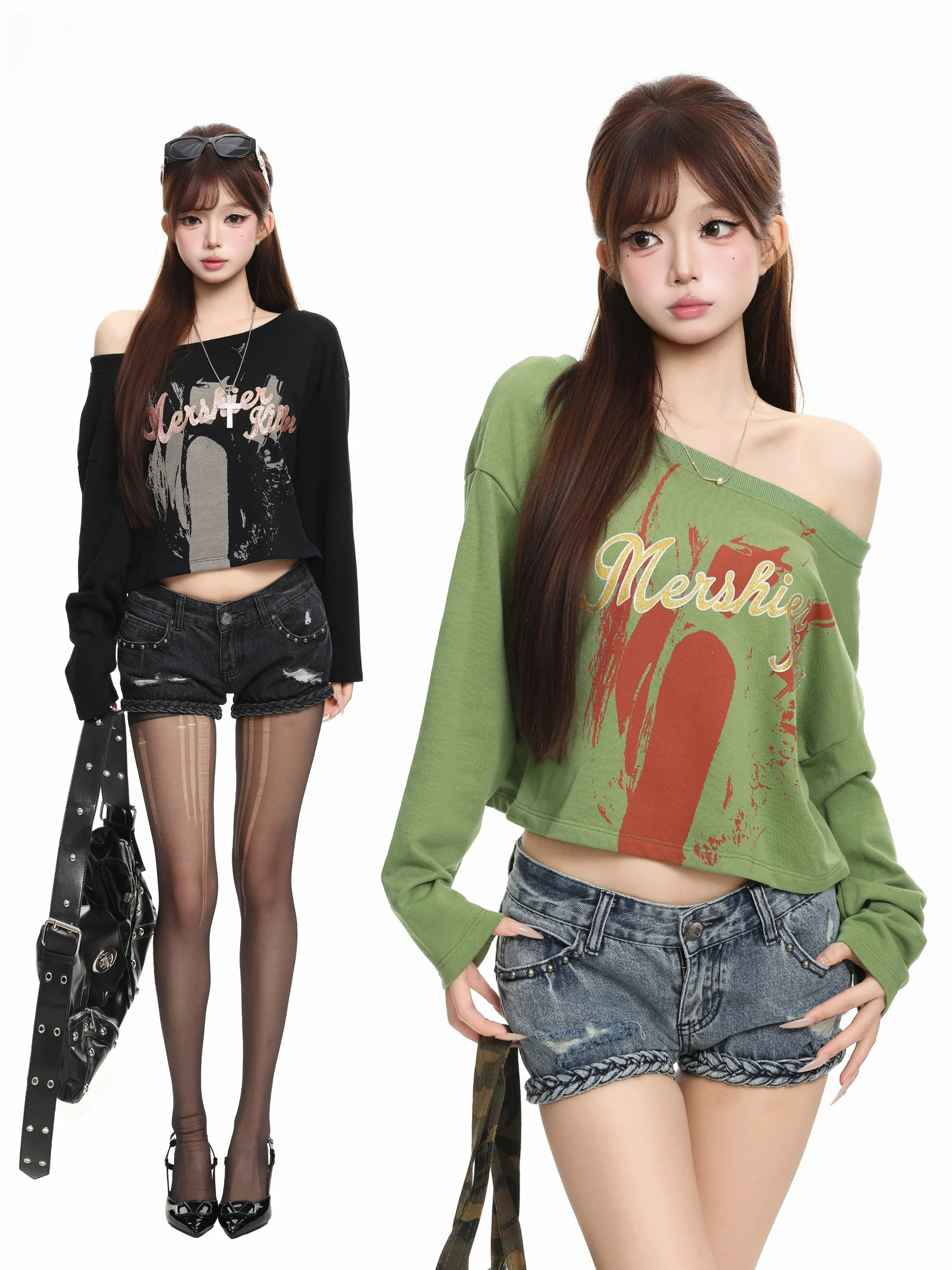 BASTERDS American Portrait Letter Print Diagonal Shoulder Long Sleeve T-Shirt Women's Short Base Shirt Top Cotton Vintage Style