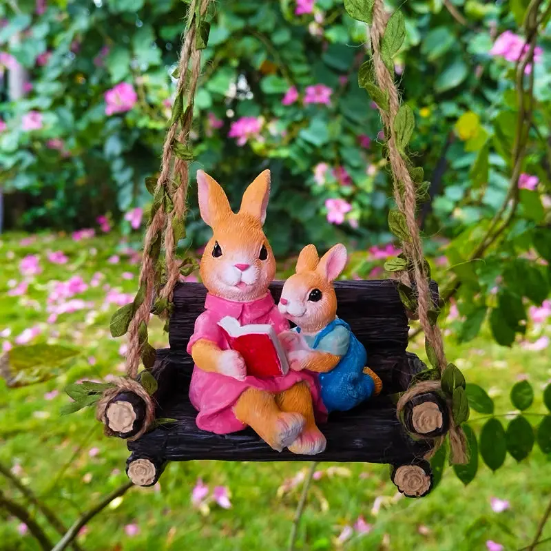 

Rocking Chair Rabbit Elf Reading Pendant Resin Adornments Outdoor Garden Figurines Decoration Kindergarten Landscape Handicrafts