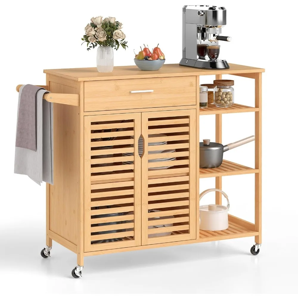 

Бамбуковая кухонная островная тележка, мобильная сервировочная тележка с выдвижным ящиком, 2-дверный шкаф для хранения, 3-уровневые полки и вешалка для полотенец, Rollin