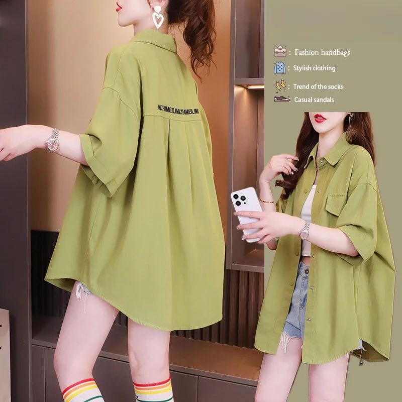 

plus Size Short Sleeve Collar Shirt Women Summer Fashion Korean Style Versatile Design Cotton Commute Style Pear Body Type
