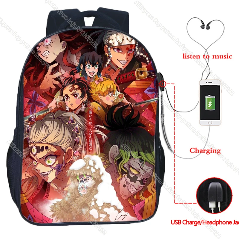 Demon Slayer Kimetsu No Yaiba zaino USB Nezuko Uzui Tengen Laptop studente zaino scuola impermeabile borsa da viaggio per adolescenti