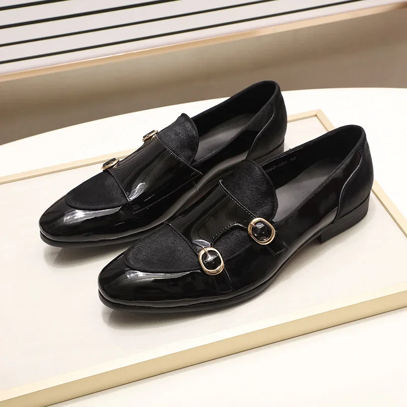 FELIX CHU Men\'s Patent Leather Monk Strap Dress Shoes Wedding Loafers Horse Hair Detail Casual Formal Party Gentlemen Footwear