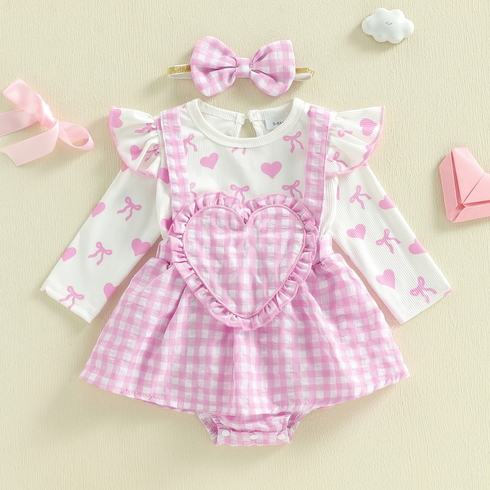 ملابس ربيعية للفتيات الصغيرات منقوشة على شكل قلب وأكمام طويلة ورقبة دائرية ومجموعة عصابة رأس على شكل فيونكة متطابقة