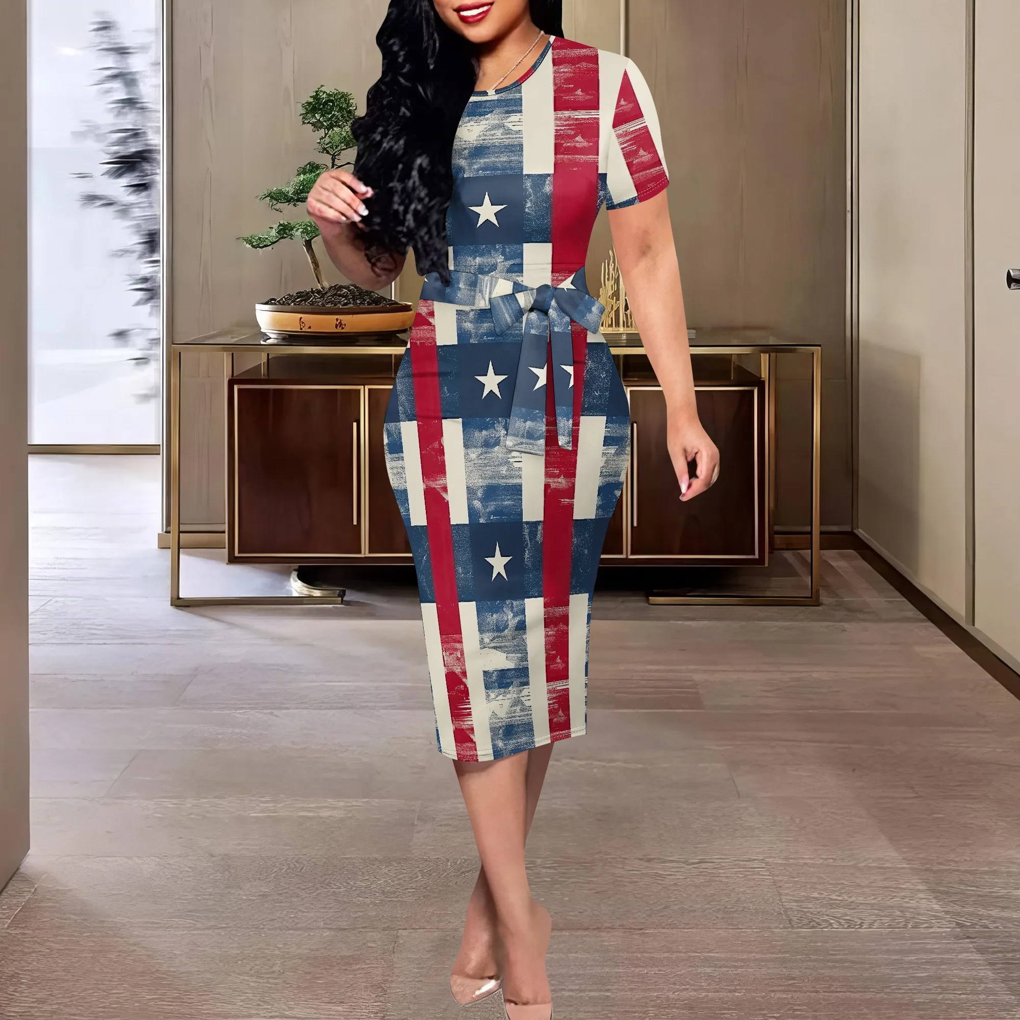 

Women's Vintage American Flag Print Midi Dress - Distressed Patriotic 4th of July & Labor Day Party Dress with Belt - XS-3XL