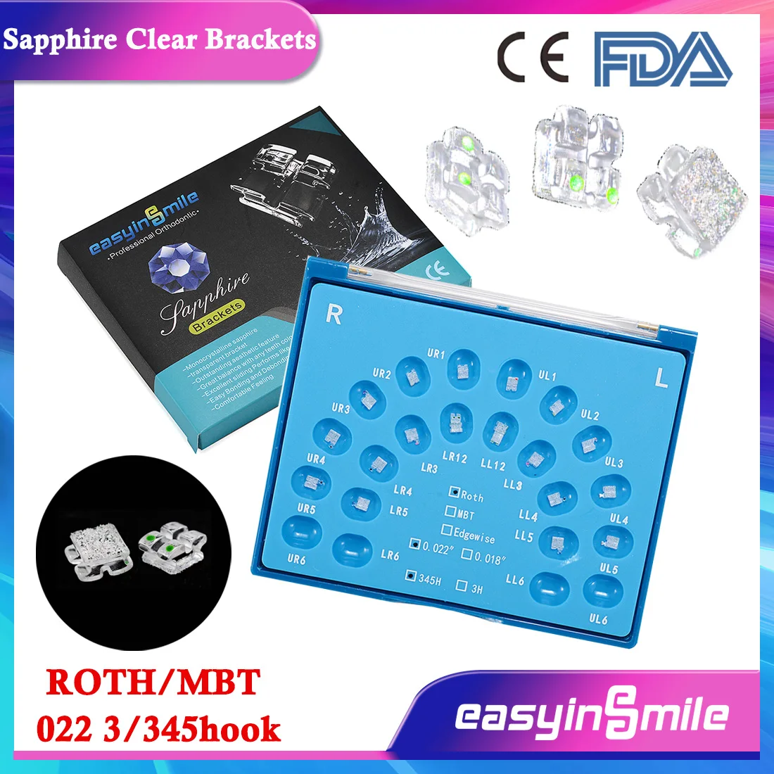 Easyinsmile High Quality Dental Material for Sapphire Clear Orhto Bracket Mini Braces Monocrystalline Roth / MBT 345 022