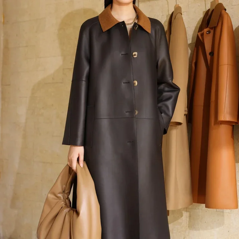 Autumn Winter 2022 New High End Double Sided Real Sheepskin Windbreaker Trench Coat Women\'s Mid Long Yellow Leather Jacket FCY