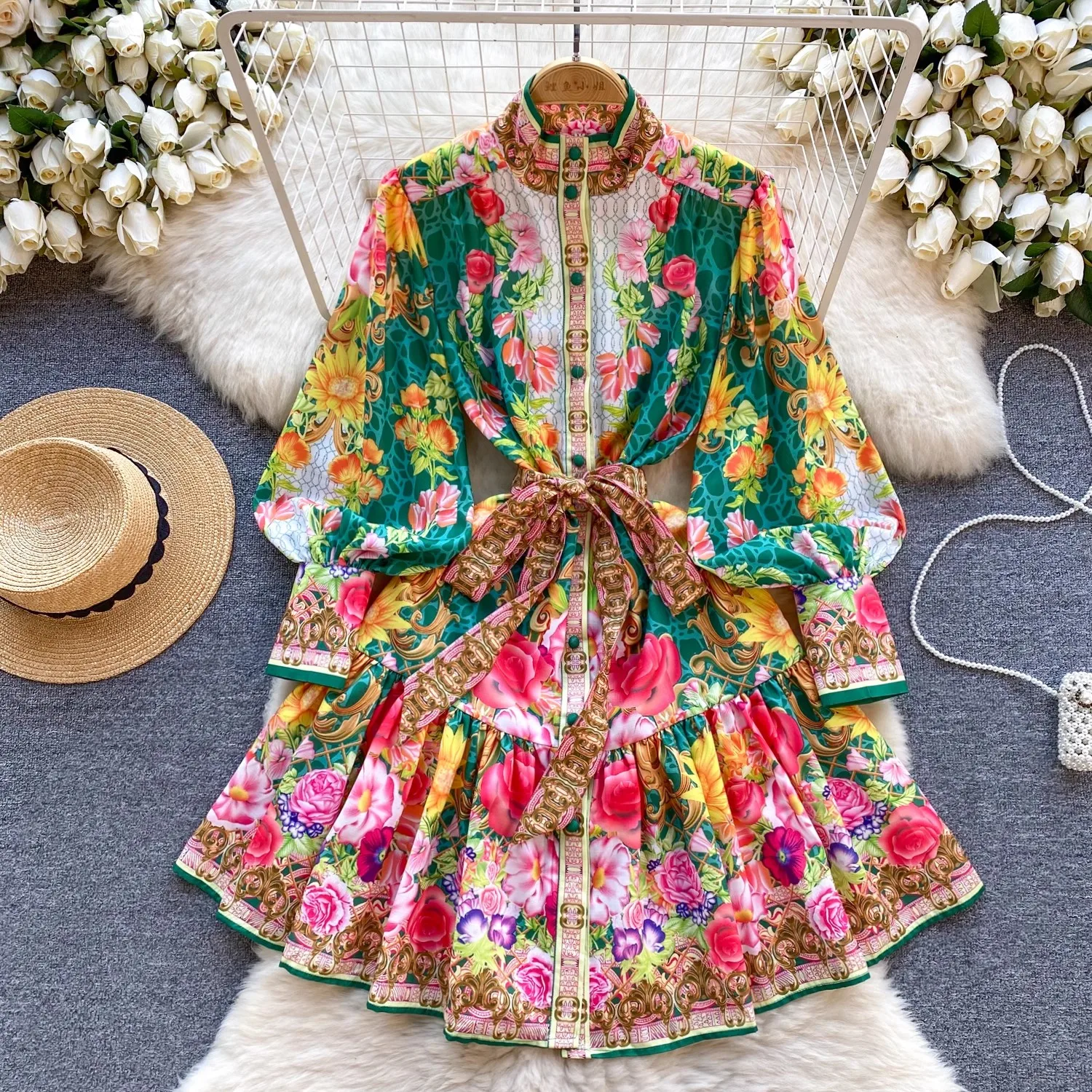 Printed Holiday Beach Mini Dress Women Long Lantern Sleeve Single Breasted Belts Pleated Casual Dresses Female Robe 2024 Spring