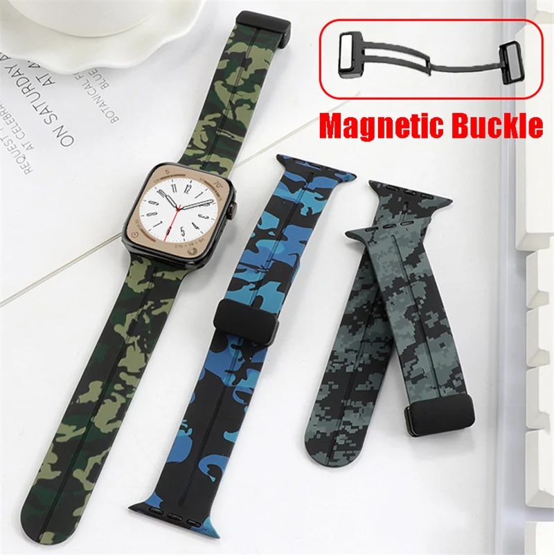 Magnetic Buckle Camouflage Strap For Apple Watch Ultra 2 49mm 46mm 38 45mm 41mm Silicone Band for IWatch 10 9 8 7 6 40/44mm 42mm