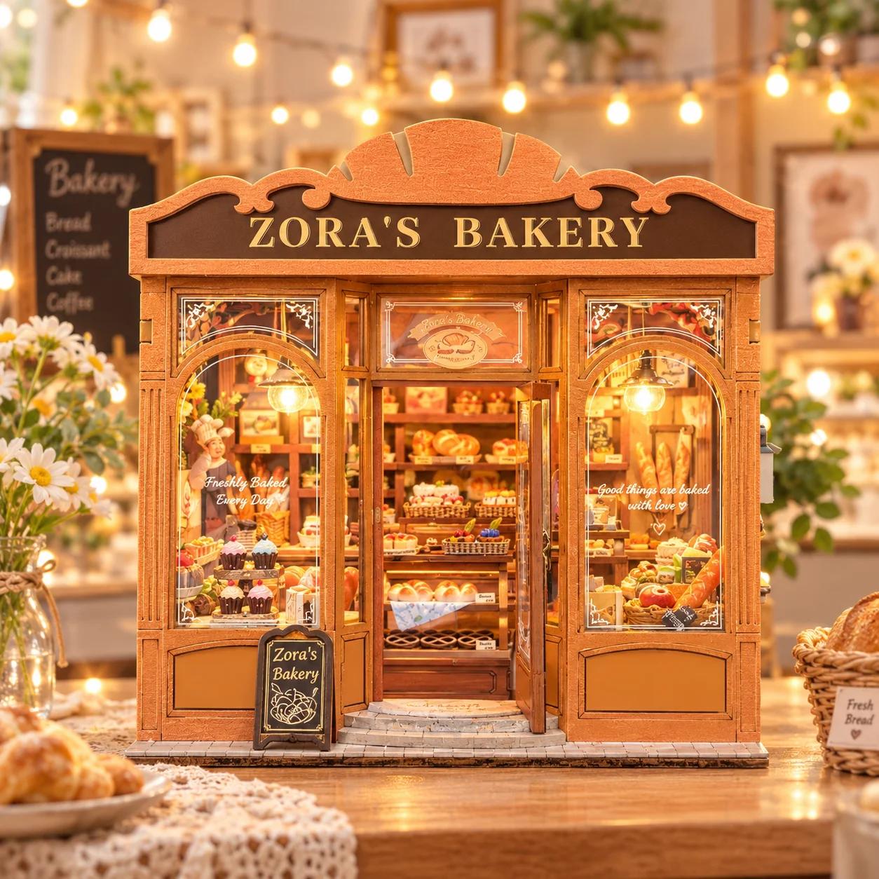 Zora’s Bakery DIY Miniature House Bookend Kit Wooden Diorama Book Nook Bookshelf Insert Decorative Featuring Warm LED Light
