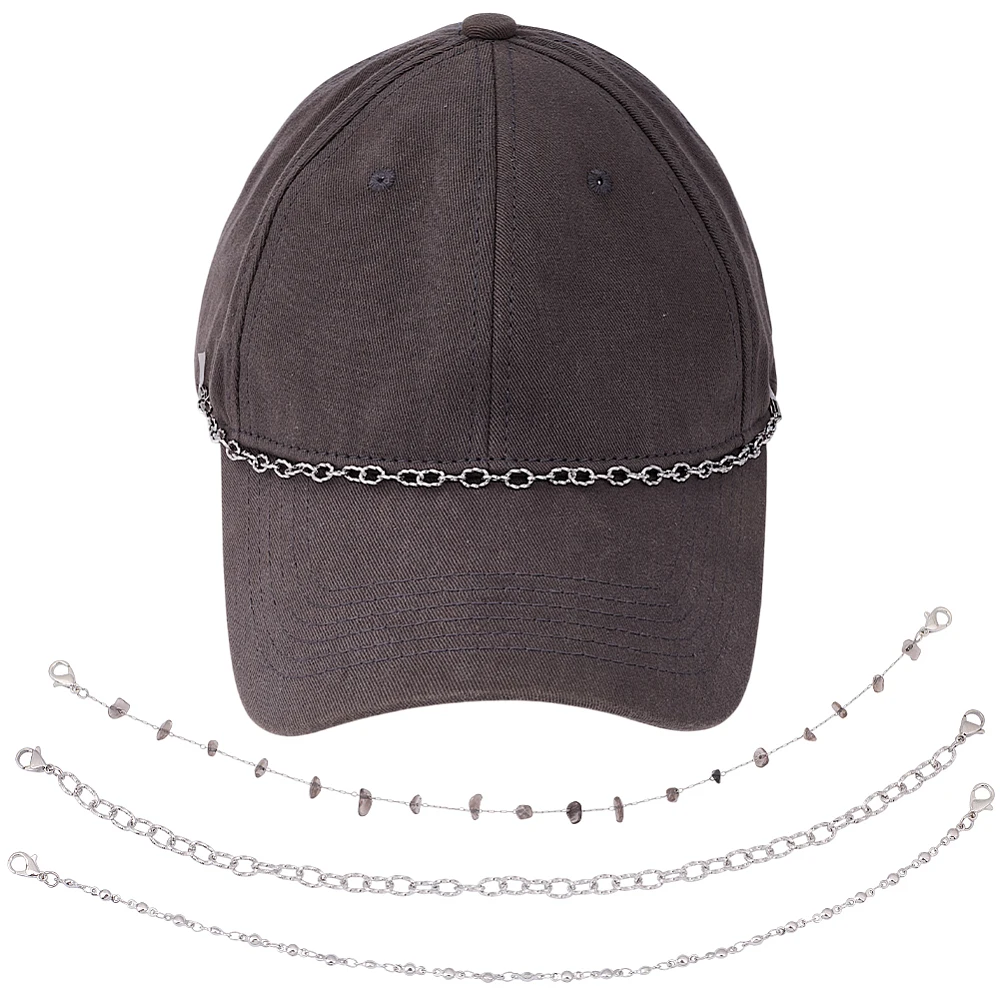 6Pcs 3 Styles Long Hat Chain Hat Bill Decoration Metal Assorted Stainless Steel Smoky Quartz Silver Trucker Mesh Base Ball Hat