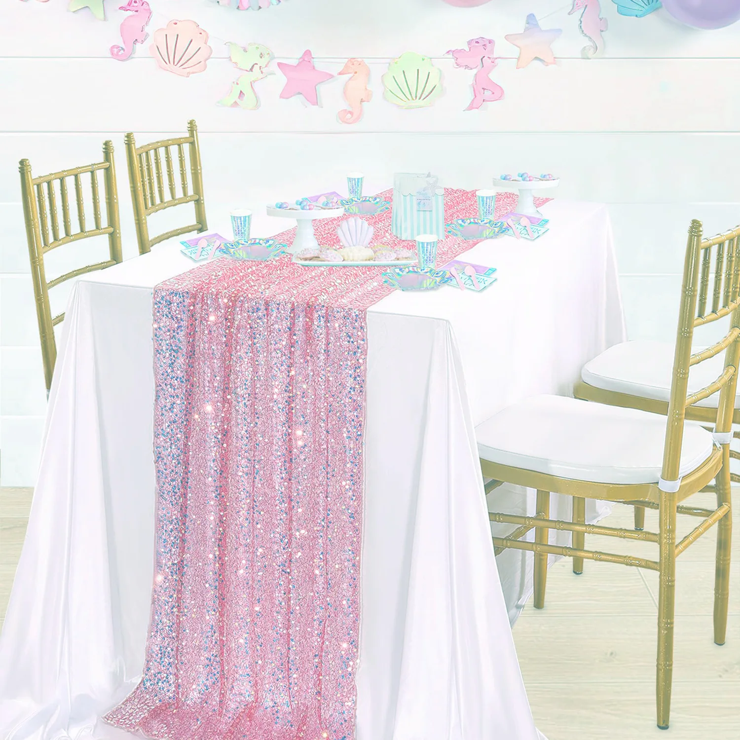 

Mermaid Sparkling Glitter Table Flag Table Cloth Wedding Girl's Birthday Party Festival Background Decoration Table Flag