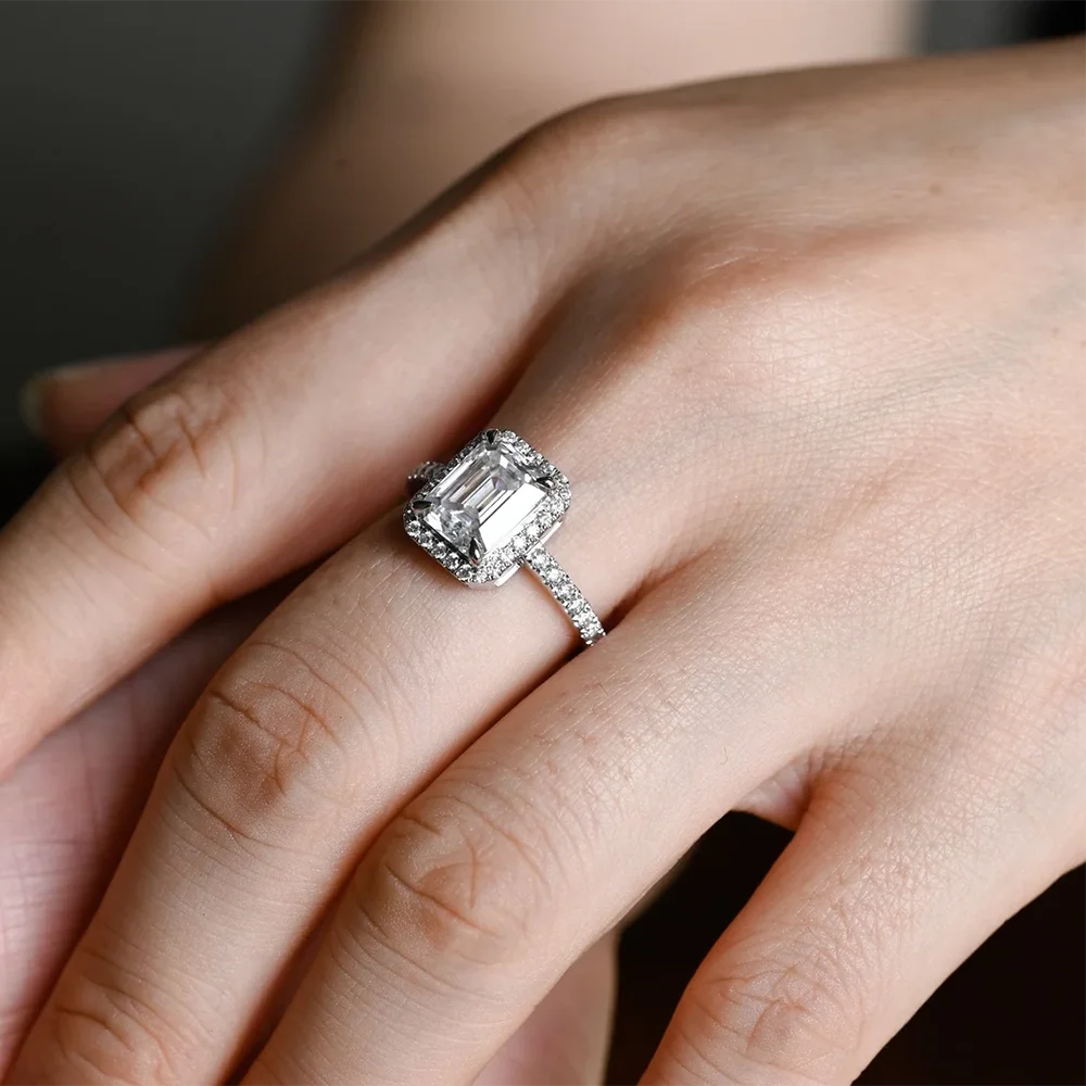 925 Sterling Silver 1‑2CT Emerald Cut Moissanite Engagement Ring for Women, Halo Half Eternity Wedding Ring, Fine Jewelry With Certificate for Birthday Party Anniversary Gift Accessories view 2