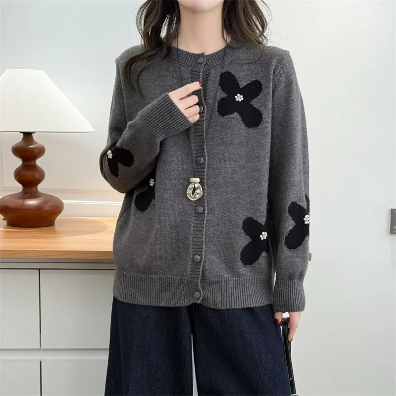 

XXXXL Fashion Plus Size Woman Clothing Sweater Spring 2026 Beaded Coat Round Neck Long Sleeved Knitted Cardigan 6005