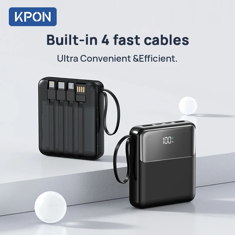 KPON 22.5W Power Bank with Built-in 4  Cables Portable Battery Large Capacity Fast Charging  For iPhone 15/14/13/Huawei/Xiaomi