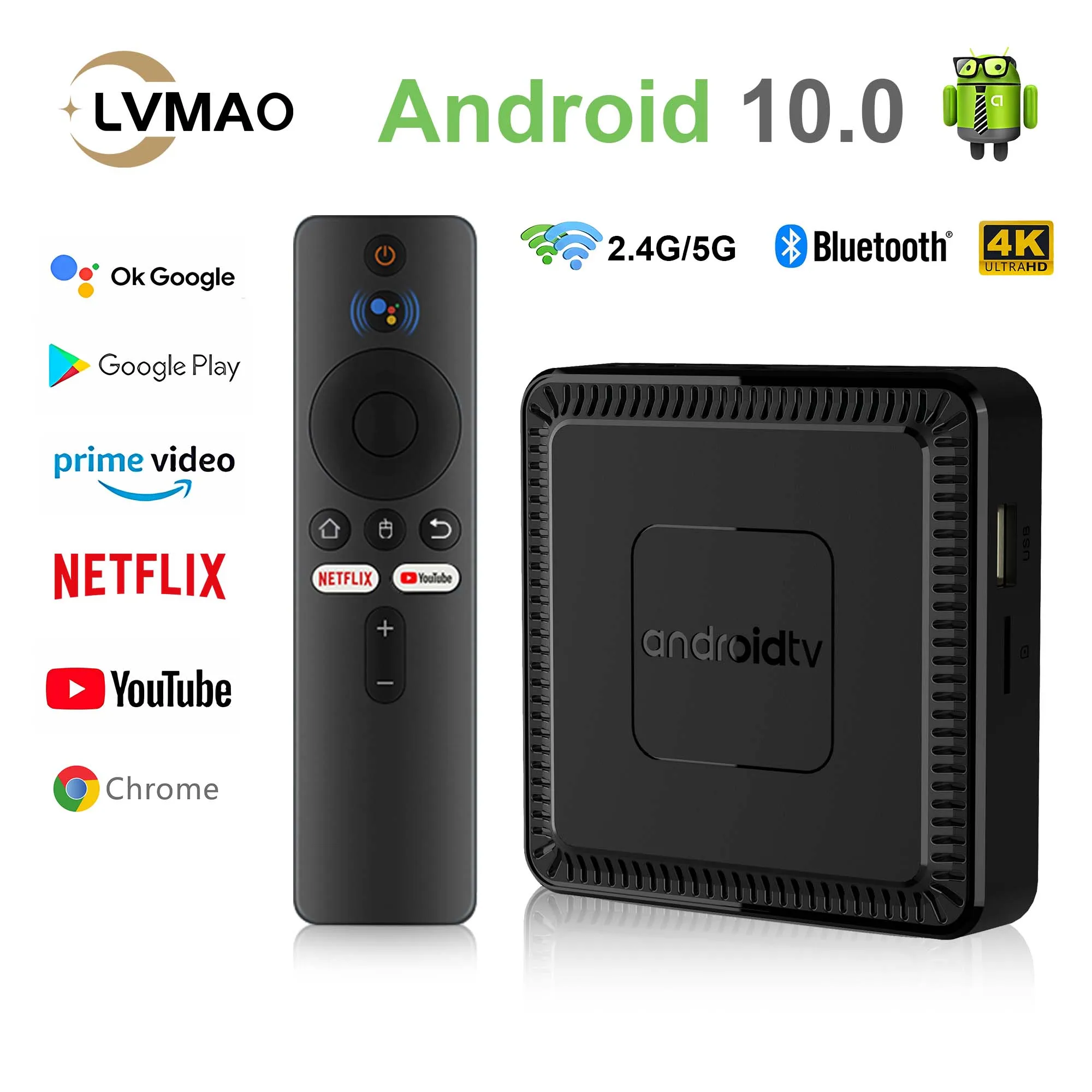 LVMAO Q7 TV Box Android 10 Voice 2GB RAM 16GB ROM H313 Quad-Core 4K 2.4/5G Dual WiFi Ethernet BT 5.0 H.265 Android Smart TV Box