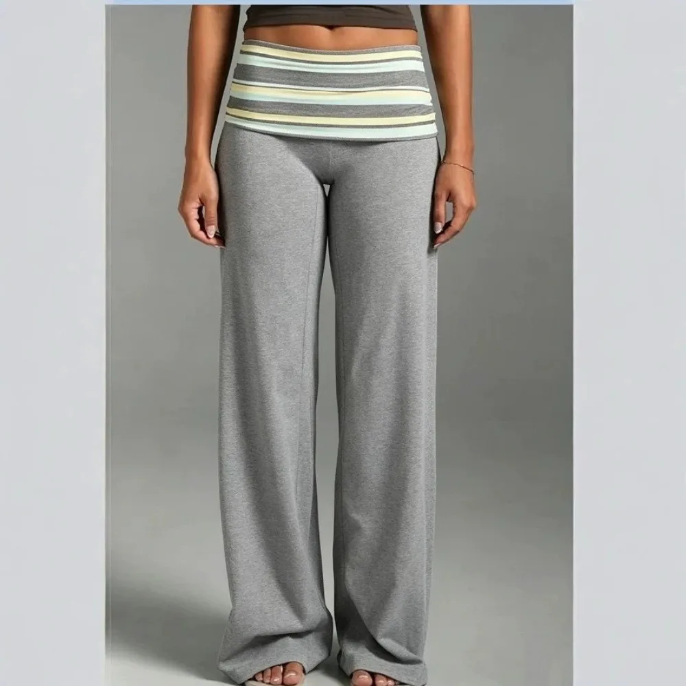 Daily Low Rise Wide Leg Pants Solid Color Striped Fold Over Pants Flare Stretchy Sweatpants Bottoms For Teen Girls
