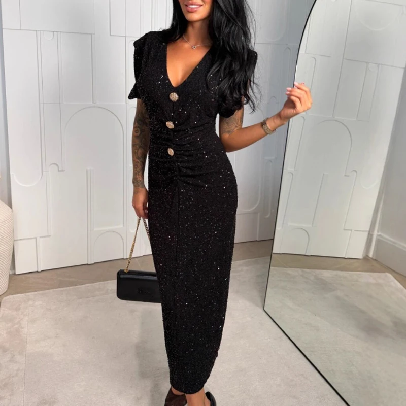 Sexy dames v-hals korte mouwen zomerjurk mode pailletten knop slim fit a-lijn jurk kantoor elegante effen kleur lange jurk