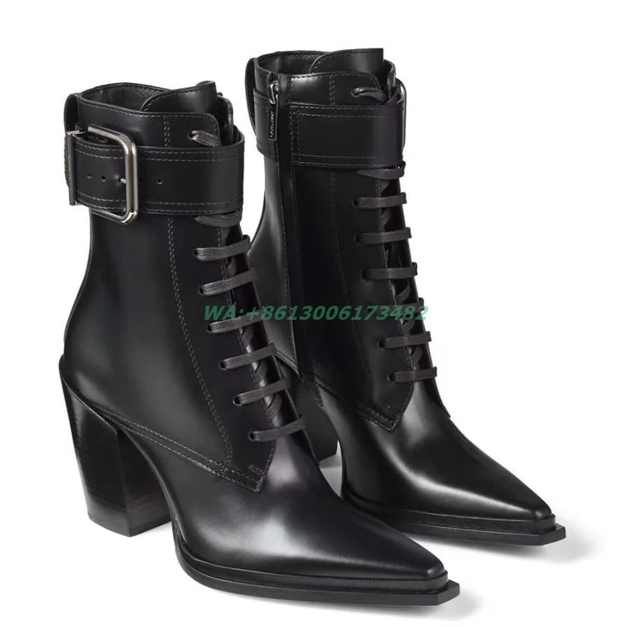 Large size lace-up high-heeled pointed toe women boots thick-heeled women pointy belt buckle ankle boots chunky heel short boots