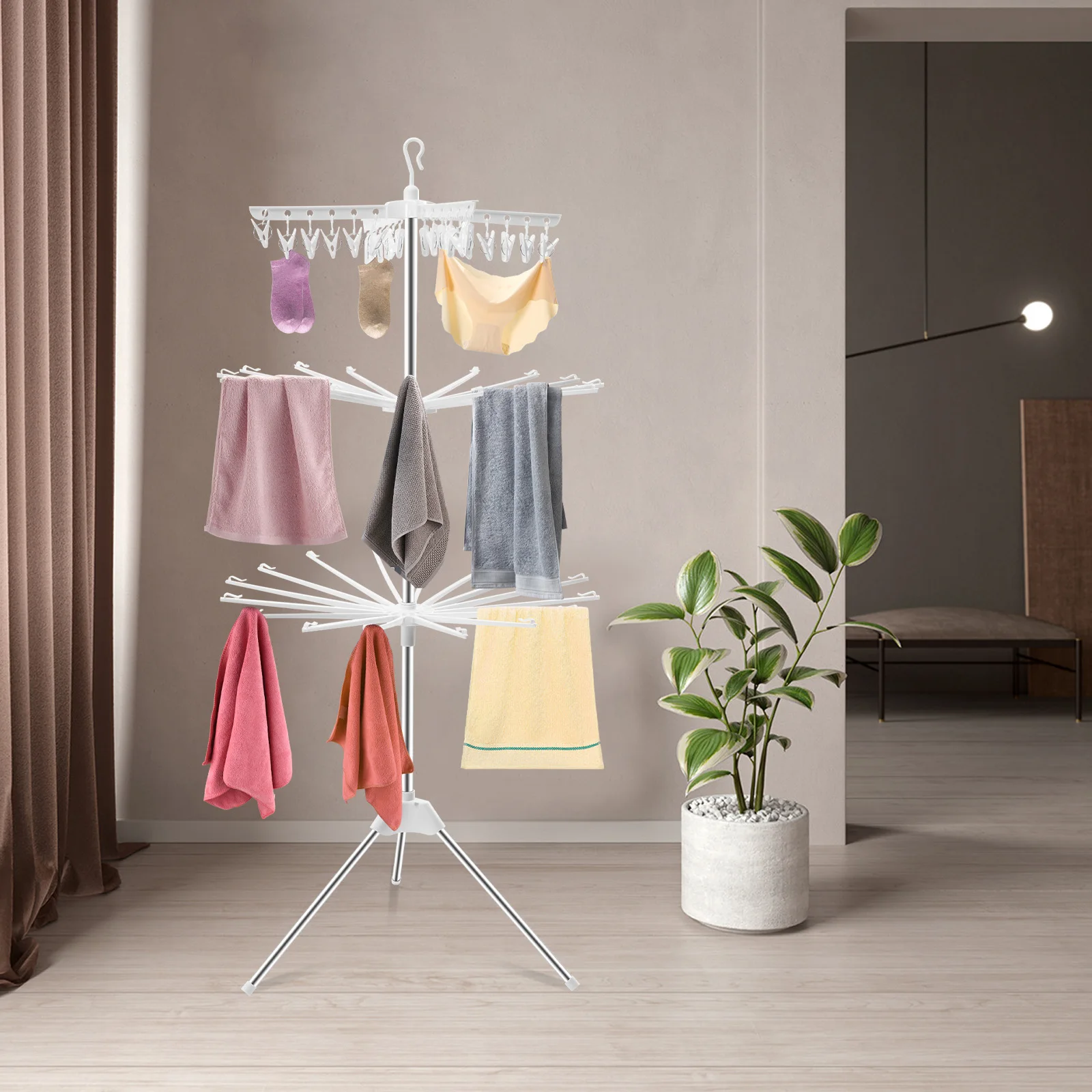 

3-Tier White Clothes Drying Rack, Freestanding Laundry Organizer W/ 24 Sock Clips, Space-Saving Foldable Garment Rack for Towels
