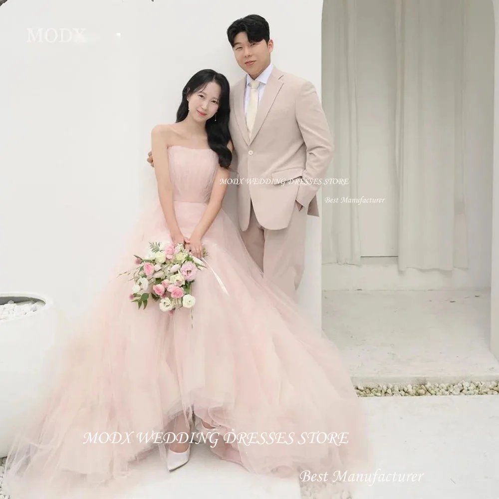 

MODX Elegant Strapless Pink Wedding Dress Korea Photoshoot A Line Sleeveless Soft Tulle Bridal Gown Floor Length Evening Dress