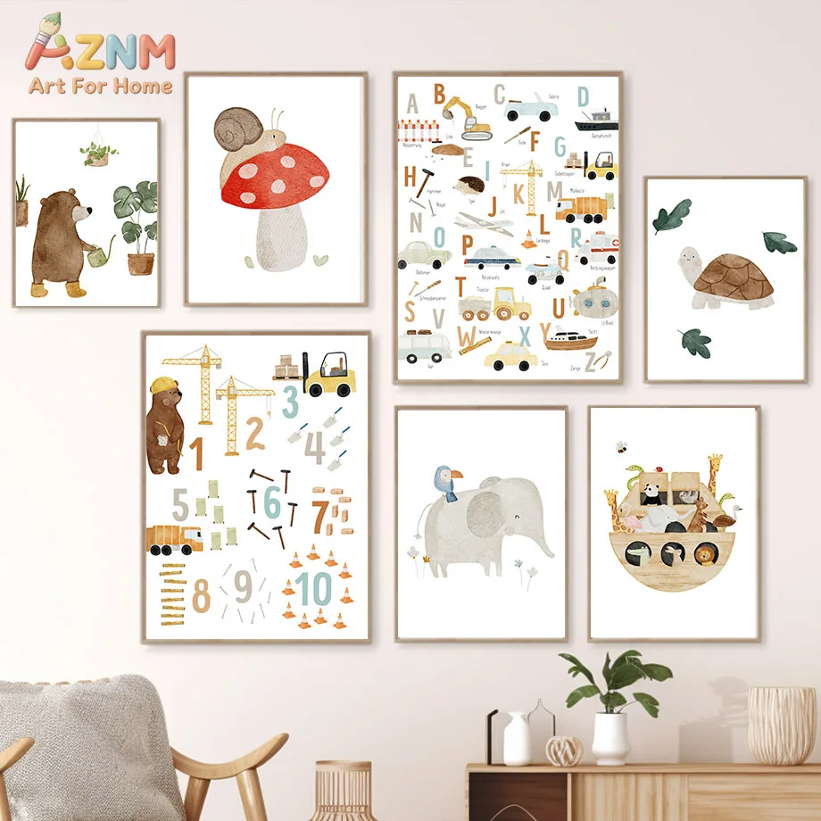AZNM Watercolor Cute Nursery Animals ABC Numbers Canvas Wall Art, Unframed Single Piece HD Print Poster, Bear Snail Turtle Eleph