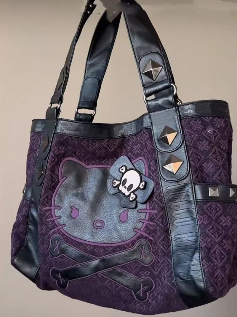 

Hello Kitty Shoulder Bag Cute Anime Girl Supplies Large Capacity Splicing Purple Strolling Shopping Underarm Handbag Wholesale