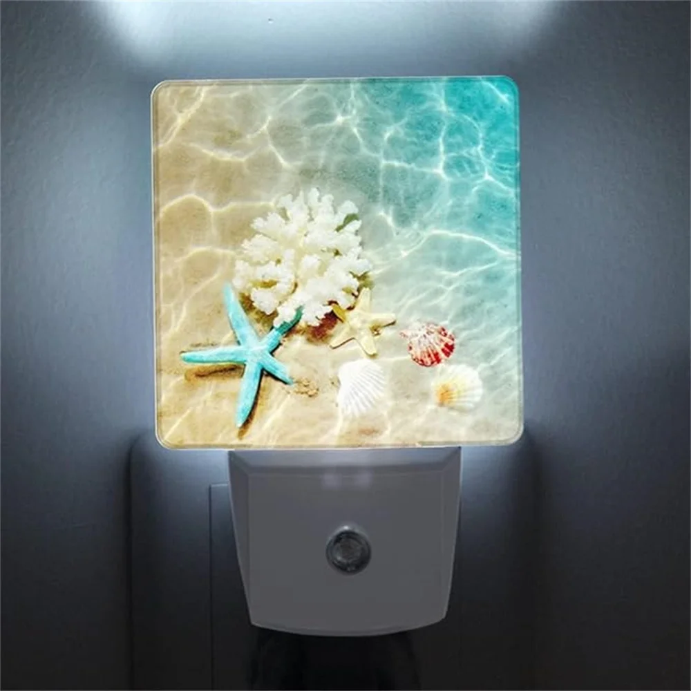 

Plug-in Night Light Dusk to Dawn Smart Sensor White Led Nightlight Starfish Coral and Seashell for House Room Decor Desk Lamps