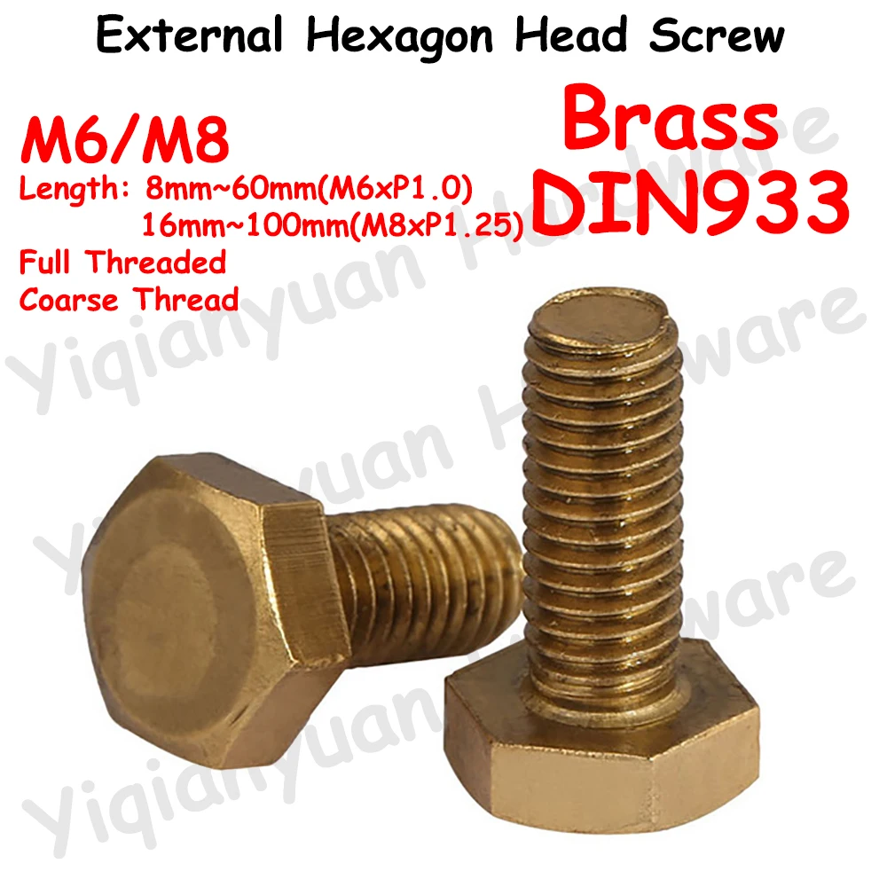 Yiqianyuan DIN933 Brass Hexagon Head Screws M6x1.0 M8x1.25 Coarse Thread External Full Threaded High Quality for Industrial Use