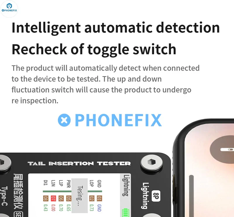 Imagem -04 - Mecânico Tipo-c Relâmpago Carregamento Detector Port Cauda Inserção Tester para Iphone Dados do Telefone Móvel Detectando Testes T824 se