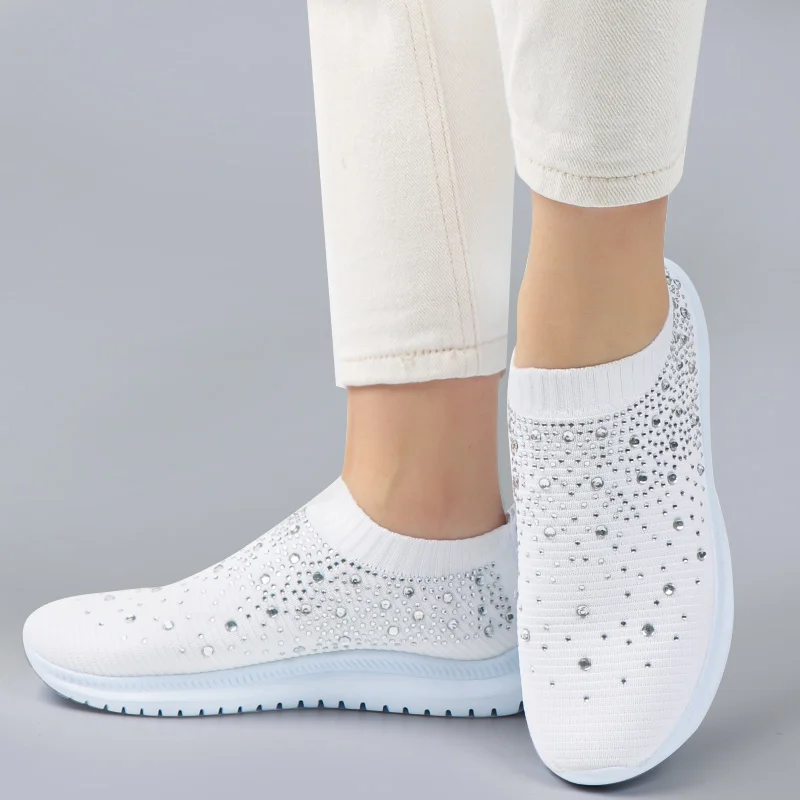 Vulcanized Sock Shoes 2023 Women Trainers Knitted Sneakers Ladies Slip-on Sparkly Crystal Zapatillas Mujer Casual Plus Size 43