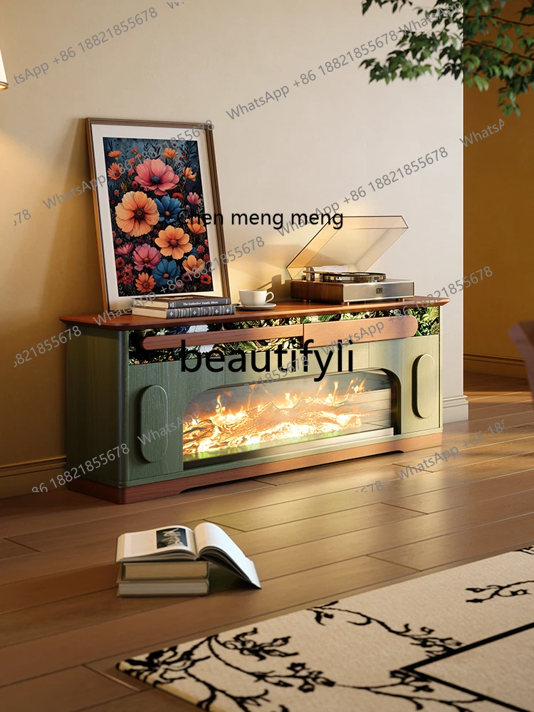 D178 French Retro Solid Wood Fireplace Cabinet for Home Living Room American Style Electronic Simulated Flame Fireplace Decorati