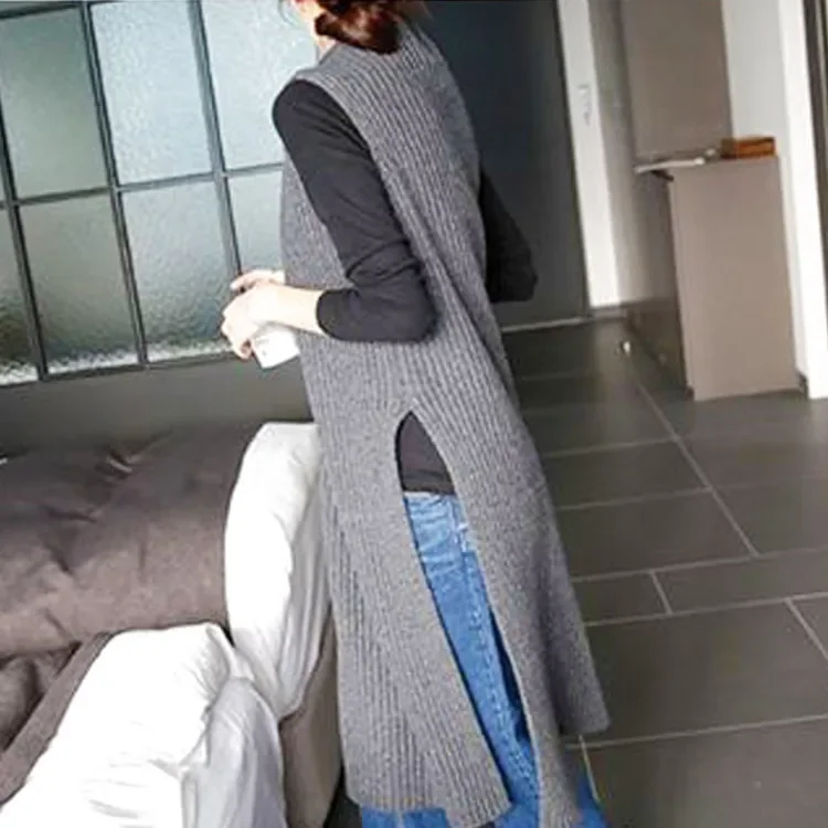 New Arrival Women's Knitted Pullover Medium-Length Half Polo/Turtle Neck Side Slit Sweater Vest Vest Dress