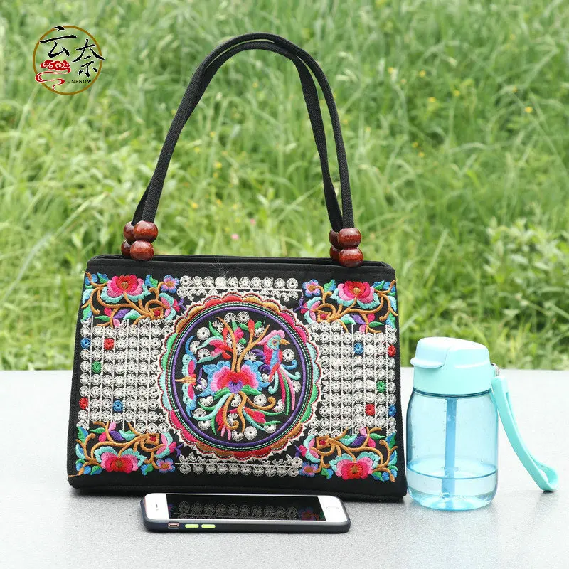 Double Sided Embroidered Canvas Bag Women\'s Double Layered Handbag Leisure Trend Retro Ethnic Style Bag Women Handbags