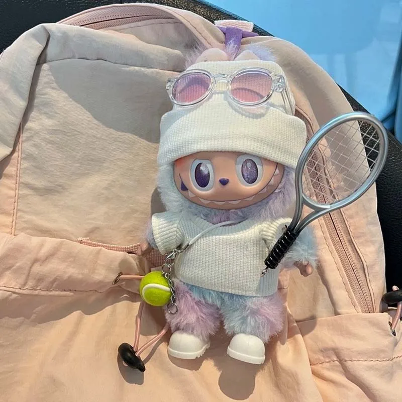 Für 15–17 cm Labubu-Puppenkleidung, Flanschmütze, Pullover, T-Shirt, kurzes Set, Kleidung, passende Canvas-Schuh- und Brillenzubehör