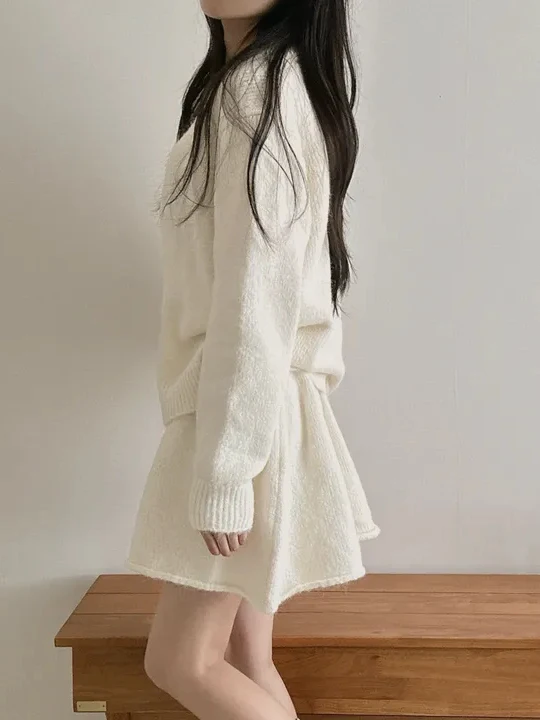 Setelan Dua Potong Wanita Musim Gugur Musim Dingin: Sweater Cardigan Korea Sle Long Sve dengan Ritsleting Ganda dan Rok A-Line Berpinggang Tinggi.