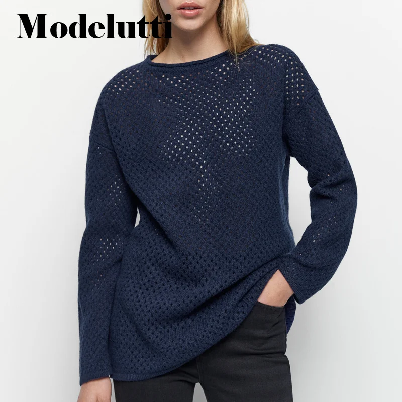 Spring 2023 New Autumn Long Sleeve Fashion Hollow Knitted Sweater Women Pullovers Casual Solid Color Simple Top Female