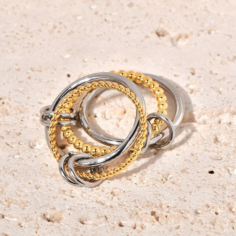 

Popular Stainless Steel 4-Layers Twisted Chain Rings Two-tones Stackable Cross Genderless Finger Band Anti-rust Hiphop Jewelry