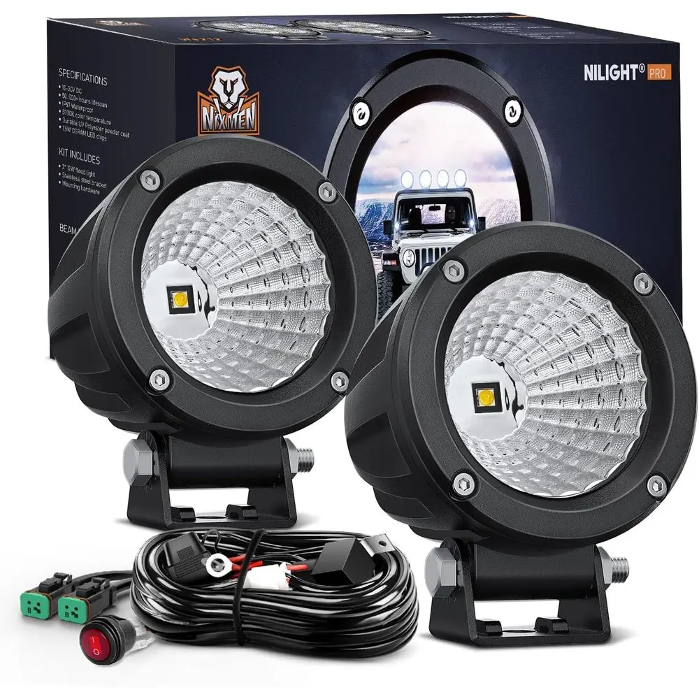 

Pair of 3 Round LED Flood Lights, 1080 Lumens, Off-Road Fog, 18 AWG Wiring Kit for Motorcycle, SUV, ATV, Truck, Boat