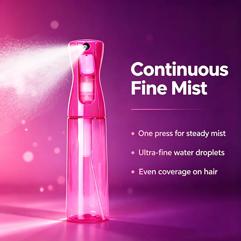 200mlPink Continuous Spray Water Bottle, Empty Plastic Fine Mist Mister for Hair, Plants & Cleaning, Portable Refillable Sprayer