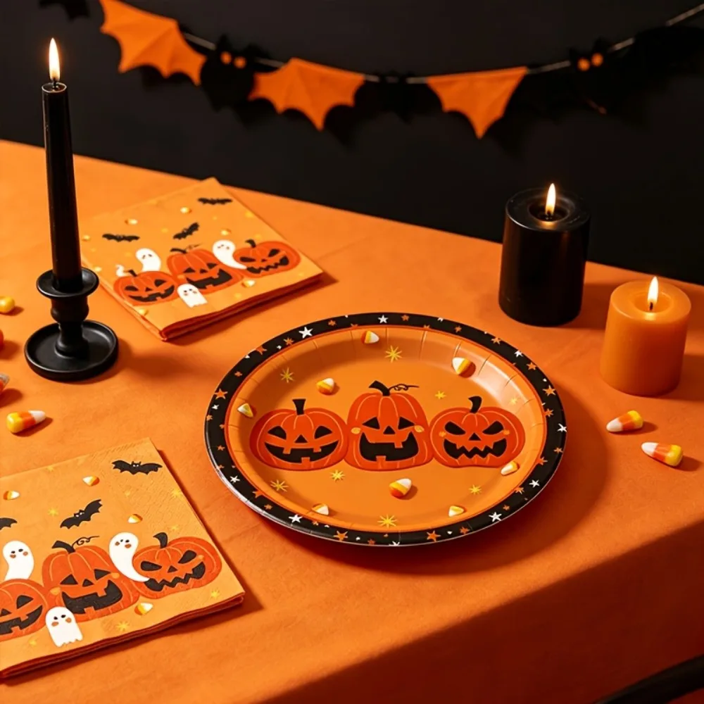 Halloween-Kürbis- und Geister-Party-Teller- und Servietten-Set, Einweg-Pappteller und Servietten für die Tischdekoration an Feiertagen