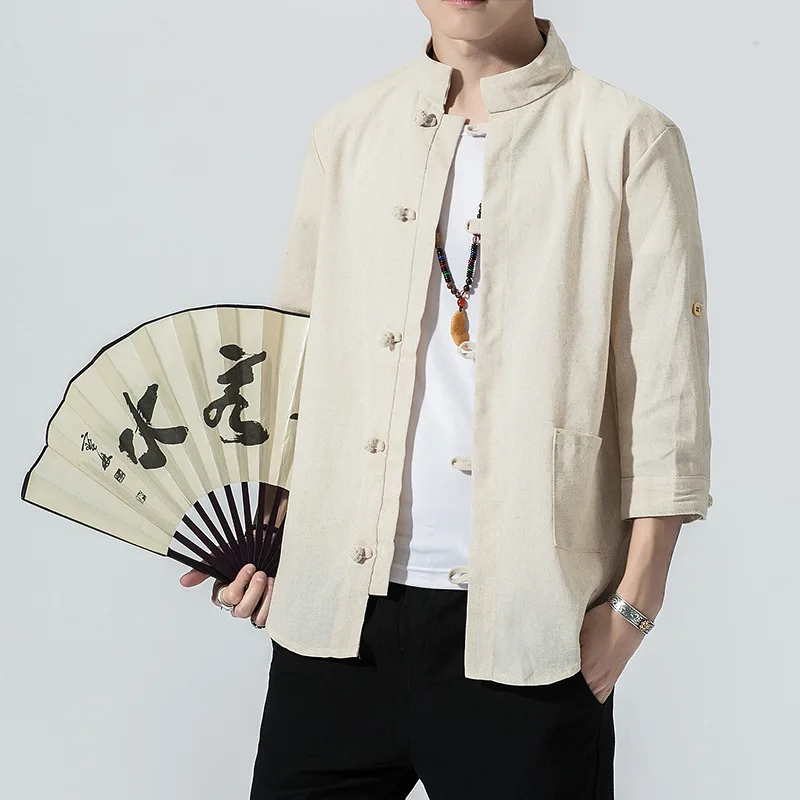 

Linen Shirt Chinese Style Men's Tang Suit Pan Button Cotton Linen Short Sleeve Casual Loose 7/4 Sleeve Standing Collar