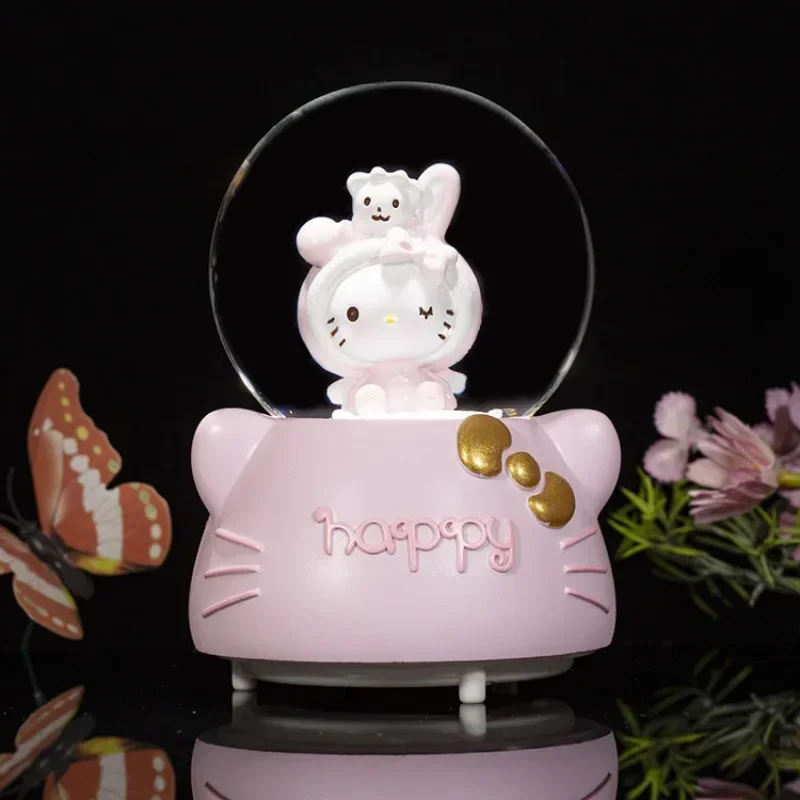 Sanrio Hello Kitty Animation Peripherals Snow Music Box Crystal Ball Desktop Model Ornaments Children Birthday Gifts